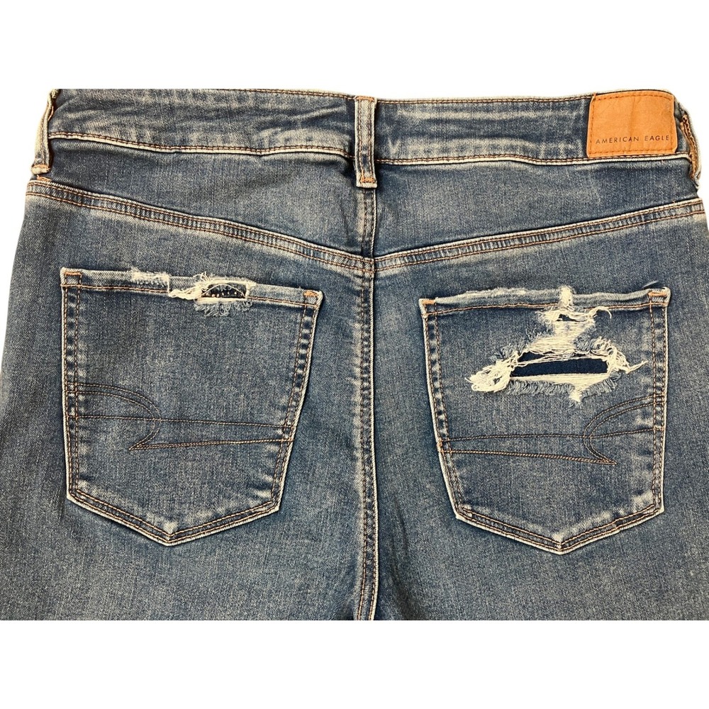 American Eagle Womens High Waisted Blue Distressed Skinny Jeans Long Size 14 - Picture 4 of 10